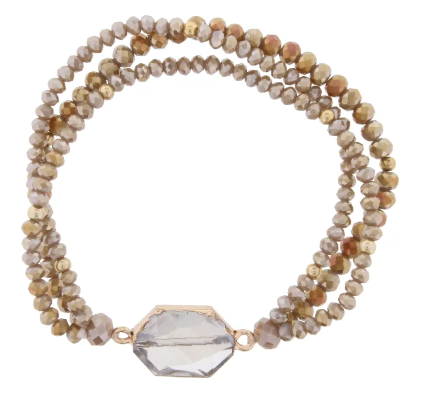 Greige and AB Greige Beaded 3 Strand Stretch Bracelet with Black Diamond Crystal sold by Charming Charlie