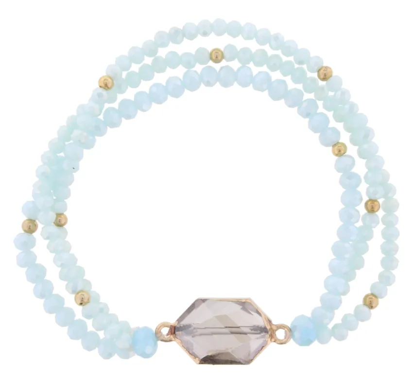 Light Blue Beaded 3 Strand Stretch Bracelet with Black Diamond Crystal sold by Charming Charlie
