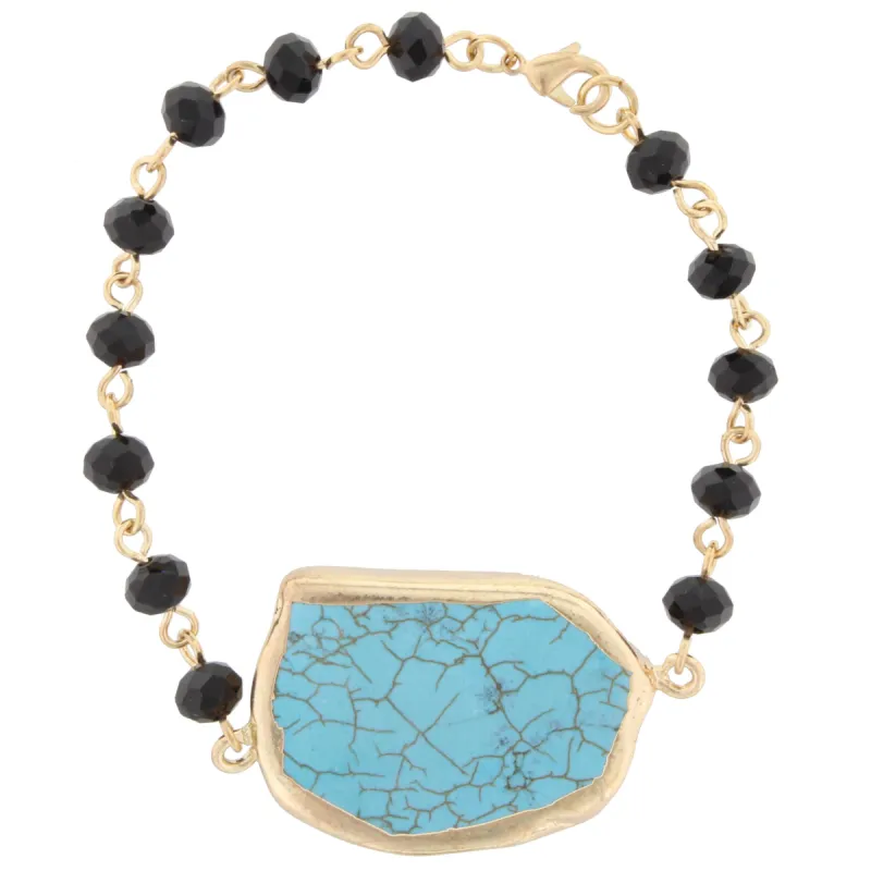 Jet Faceted Beaded and Gold Linked Bracelet with Turquoise Stone sold by Charming Charlie