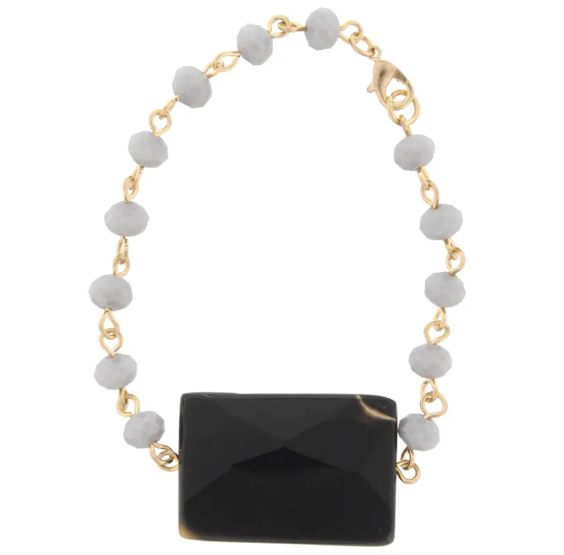 Grey Faceted Beaded and Gold Linked Bracelet with Jet Stone sold by Charming Charlie