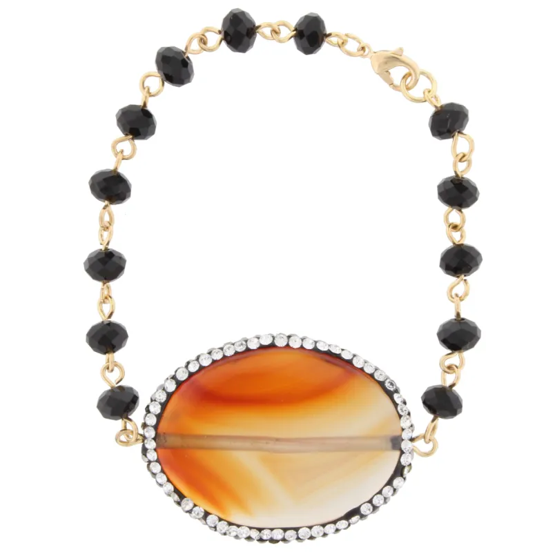 Jet Faceted Beaded and Gold Linked Bracelet with Brown Pave sold by Charming Charlie