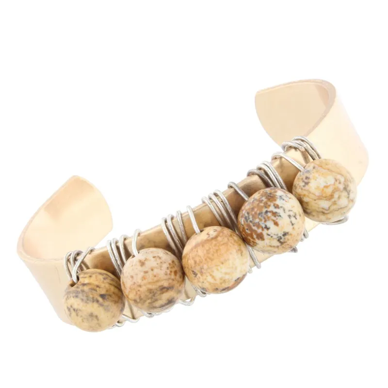 Antique Gold Brass Cuff Bracelet with Wire Wrapped Picture Jasper Natural Stones sold by Charming Charlie