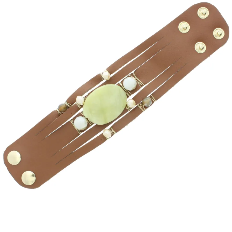 Light Brown Multi Stranded Leather Bracelet with Korean Jade Stone and Wire Wrapped Stone Accents sold by Charming Charlie