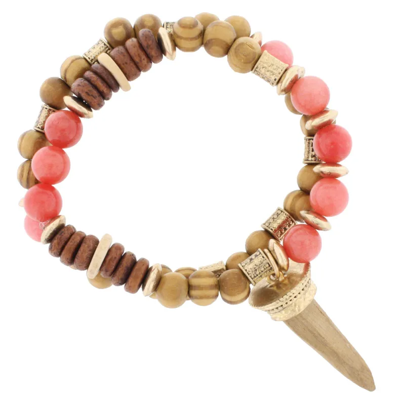 Wood and Pink Beaded Stretch Bracelet with Wooden Horn sold by Charming Charlie