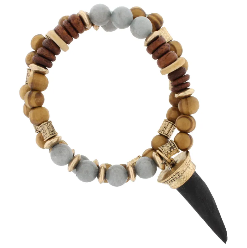 Wood and Grey Beaded Stretch Bracelet with Black Wooden Horn sold by Charming Charlie