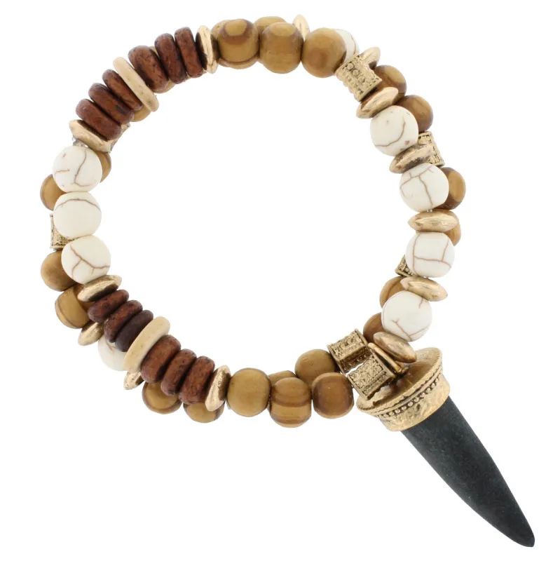 Wood and White Beaded Stretch Bracelet with Grey Wooden Horn sold by Charming Charlie