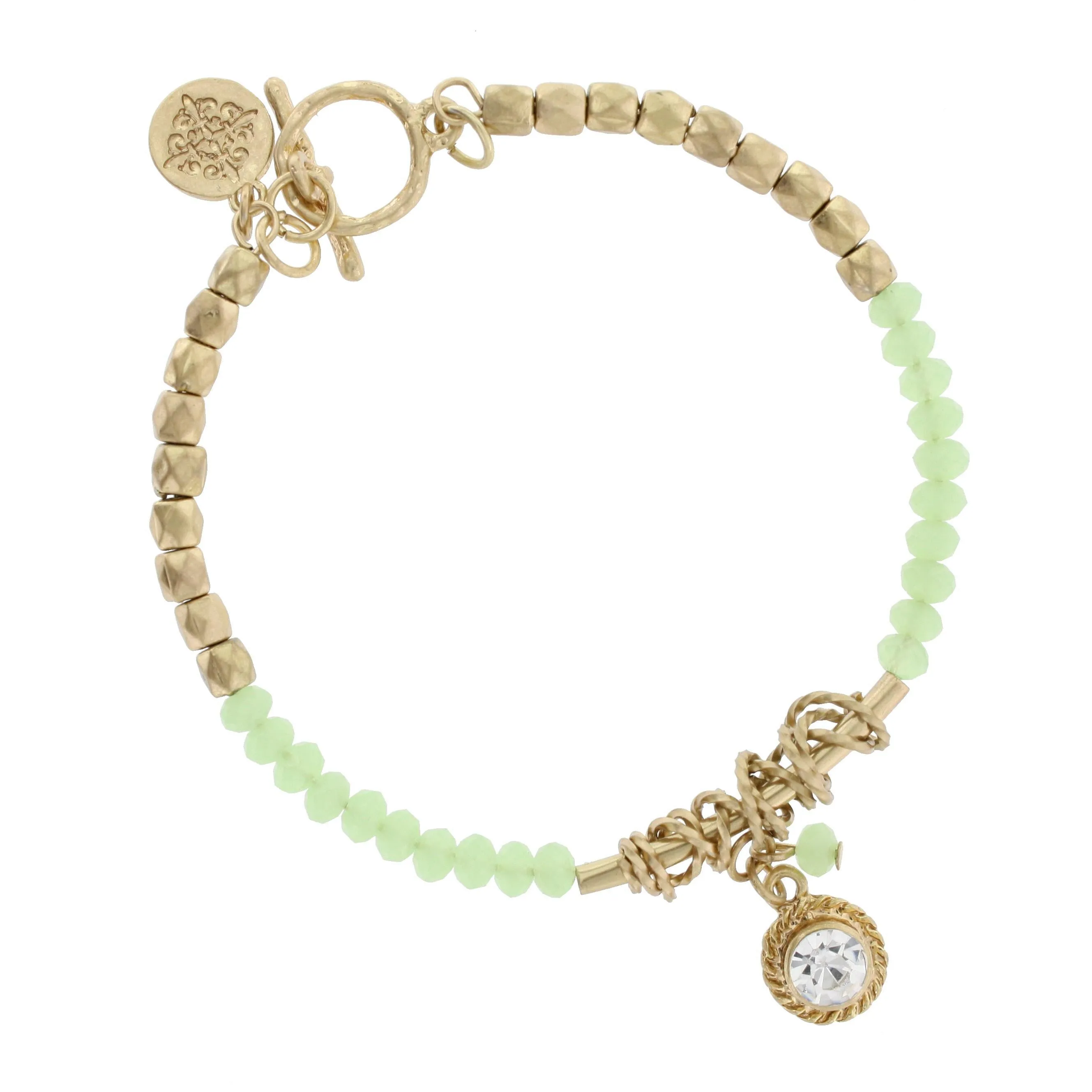 Antique Gold and Light Green Beaded Toggle Bracelet with Rhinestone Pendant sold by Charming Charlie