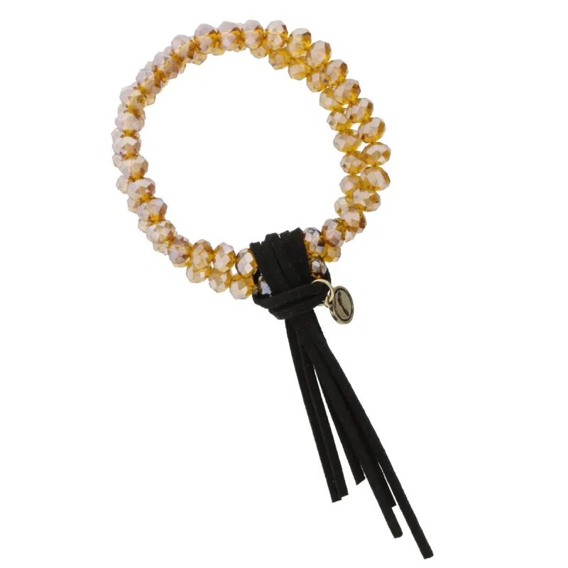 Double Strand Champagne Beaded Stretch Bracelet with Black Leather Tassel sold by Charming Charlie