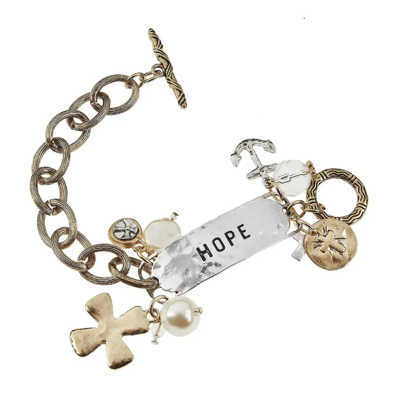 "Hope" Antique Silver and Antique Gold Id Tag and Chain Charm Bracelet sold by Charming Charlie