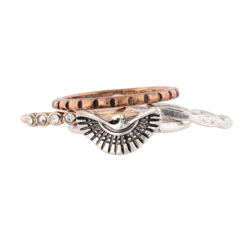 4 Mixed Metal Ring Stack, Thunderbird Ring, Rhinestone Embedded Ring and Accent Rings sold by Charming Charlie