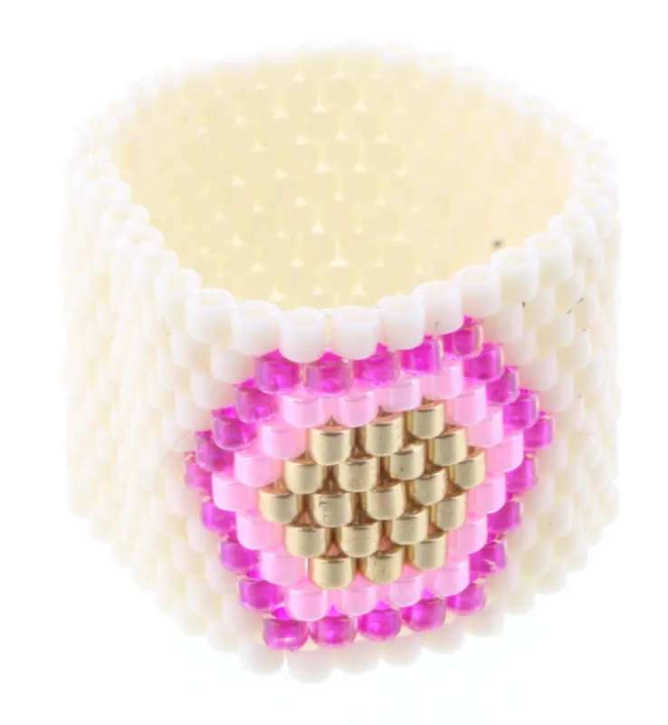Ivory Seed Bead Ring with Pink and Gold Hexagon sold by Charming Charlie