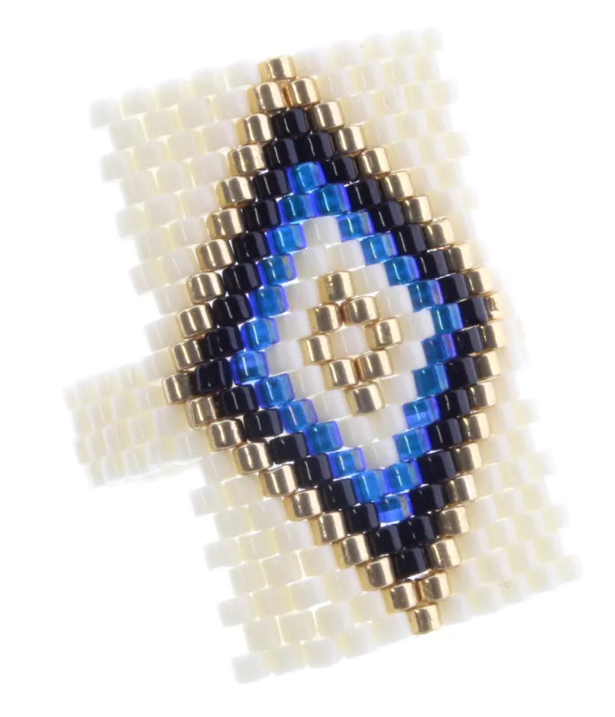 Ivory Rectangular Seed Bead Ring with Gold, Jet, and Blue Diamond sold by Charming Charlie