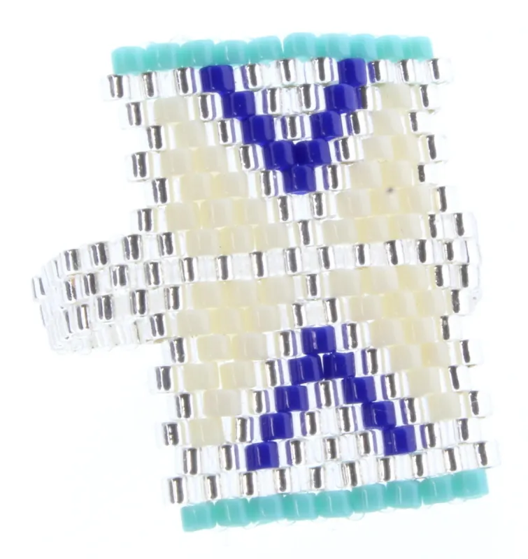 Silver Rectangular Seed Bead Ring with Ivory, Blue, and Turquoise Triangle sold by Charming Charlie
