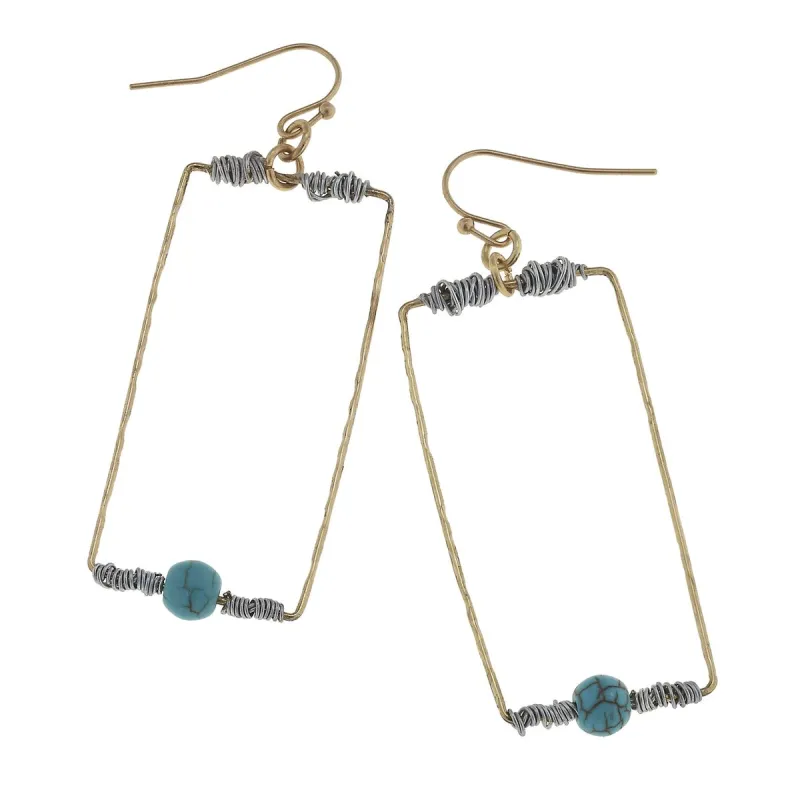 Antique Gold Rectangle with Wire Wrapped Turquoise Earring sold by Charming Charlie