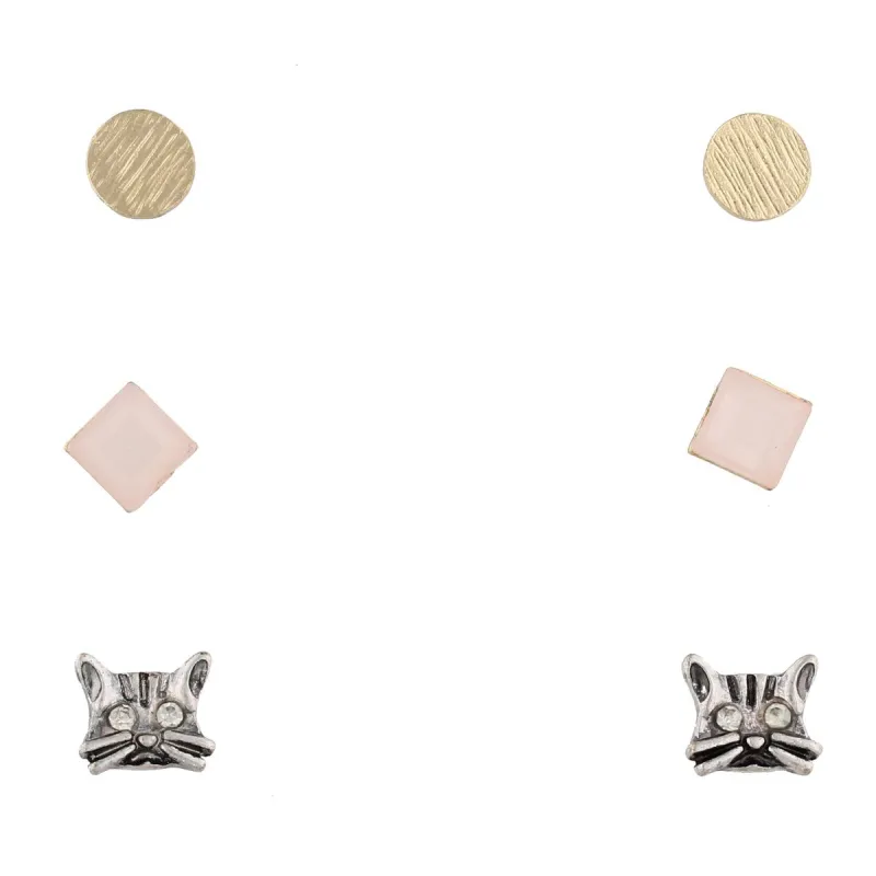 Round Gold, Light Pink Faceted Square, and Silver Cat Earring Set sold by Charming Charlie