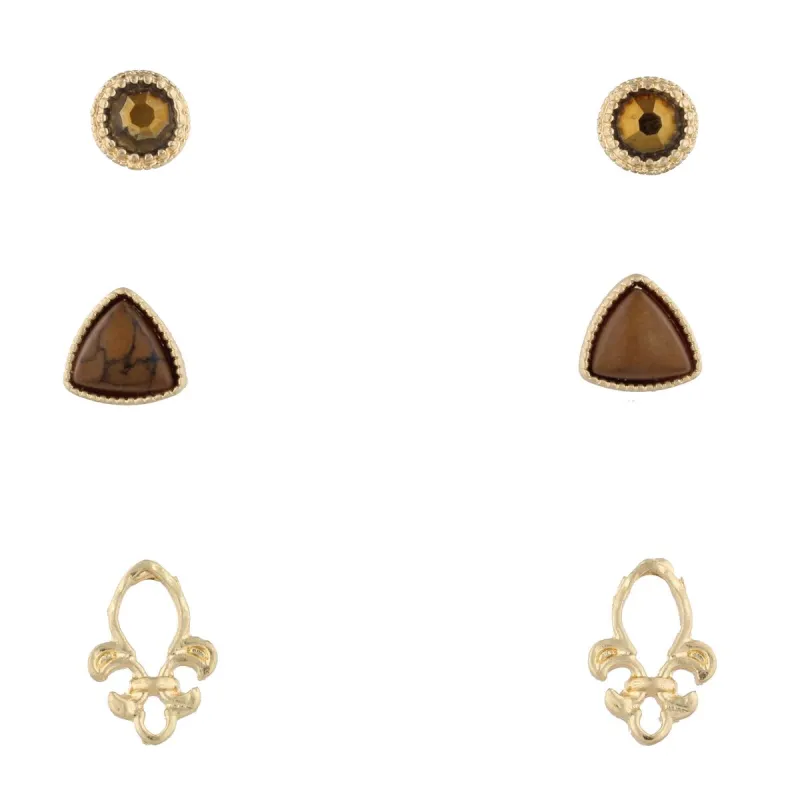 Gold Bronze Stud, Brown Triangle, and Gold Fleur De Lis Earring Set sold by Charming Charlie
