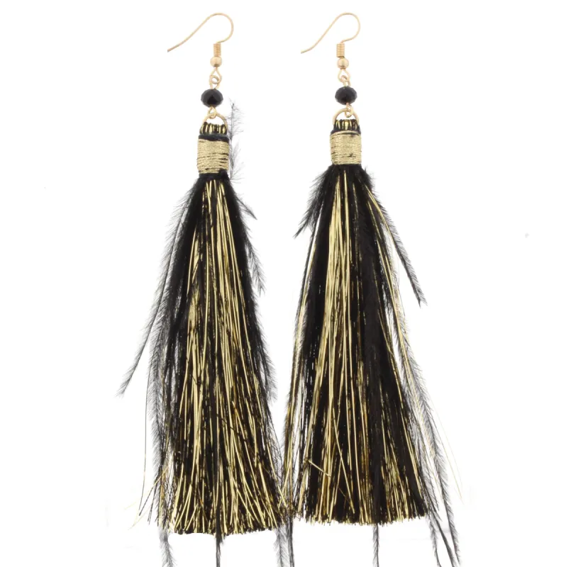 Jet Fringe Tassel with Jet Feather Accents Earring sold by Charming Charlie