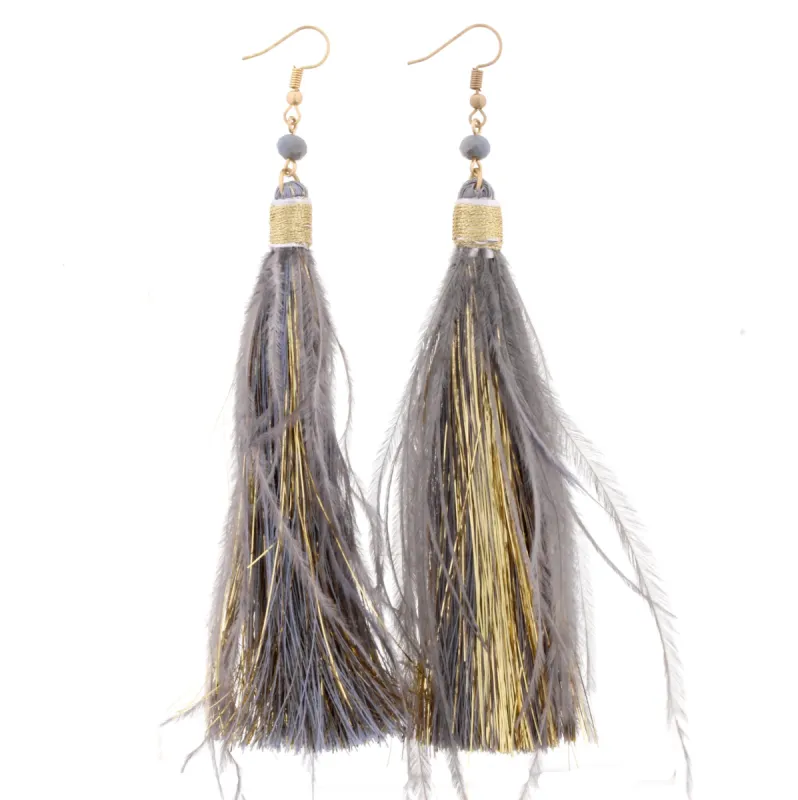 Grey Fringe Tassel with Grey Feather Accents Earring sold by Charming Charlie