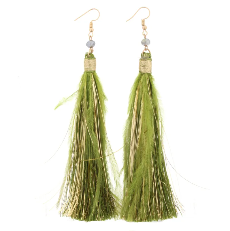 Olive Fringe Tassel with Olive Feather Accents Earring sold by Charming Charlie