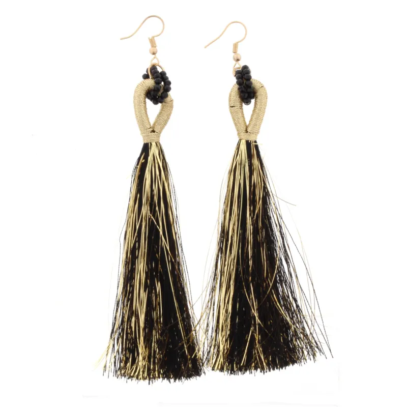 Jet Beaded Threaded Hoop with Black and Gold Fringe Tassel Earring sold by Charming Charlie