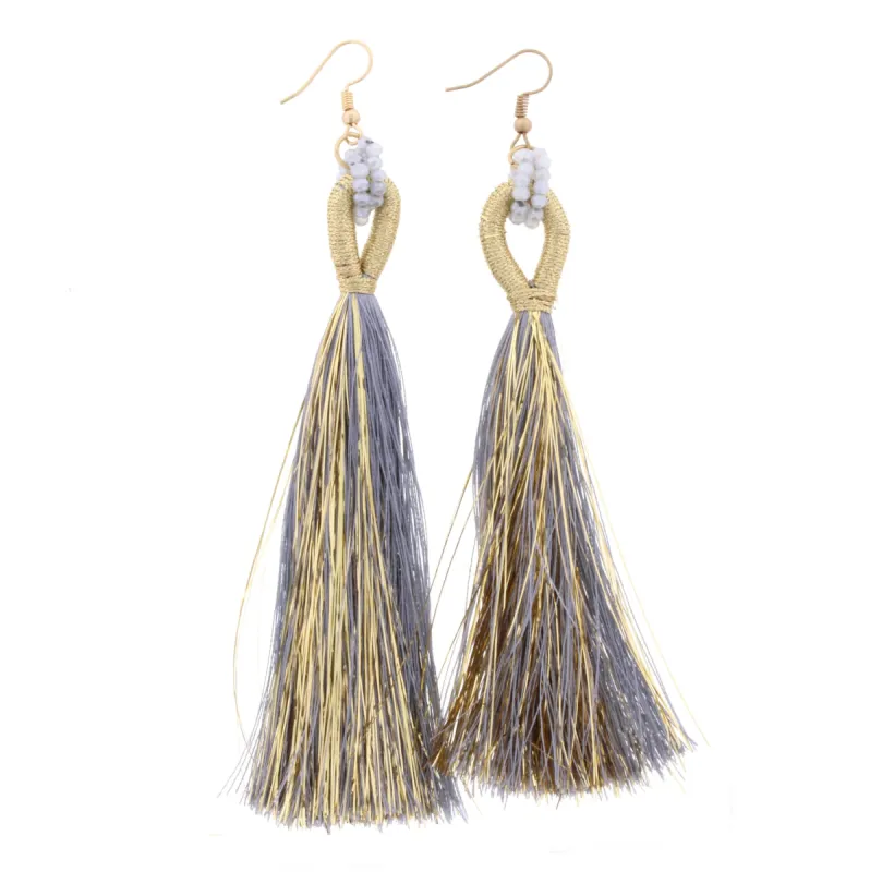 Grey Beaded Threaded Hoop with Grey and Gold Fringe Tassel Earring sold by Charming Charlie