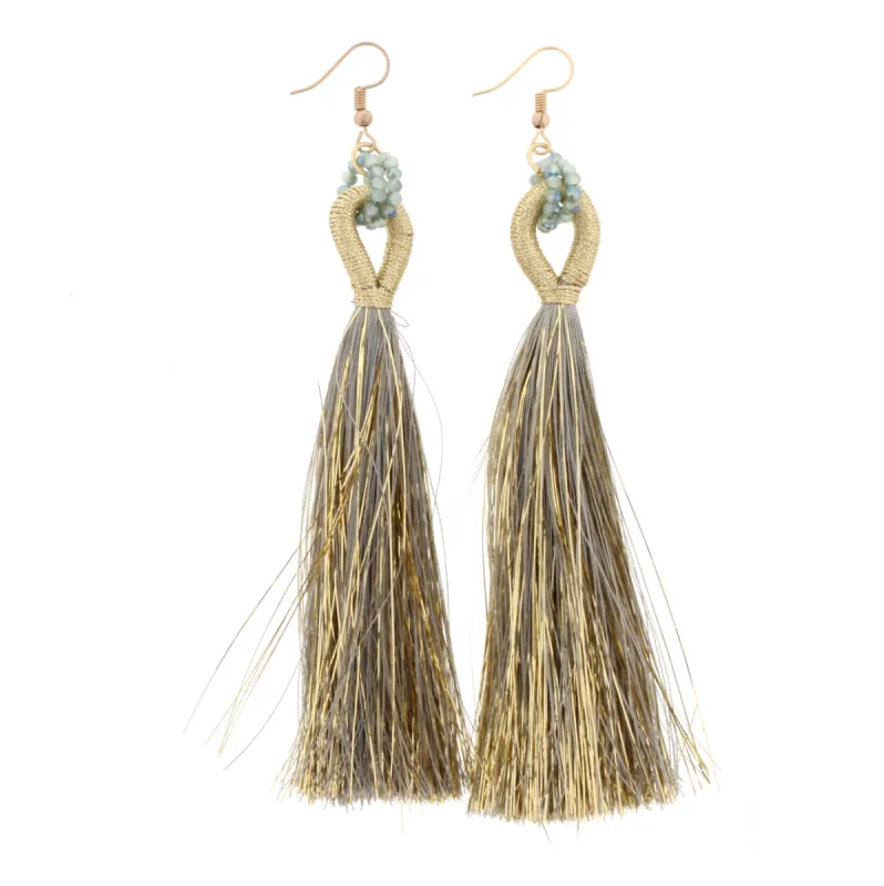 Sage Beaded Threaded Hoop with Sage and Gold Fringe Tassel Earring sold by Charming Charlie