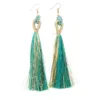 Teal Beaded Threaded Hoop with Teal and Gold Fringe Tassel Earring sold by Charming Charlie