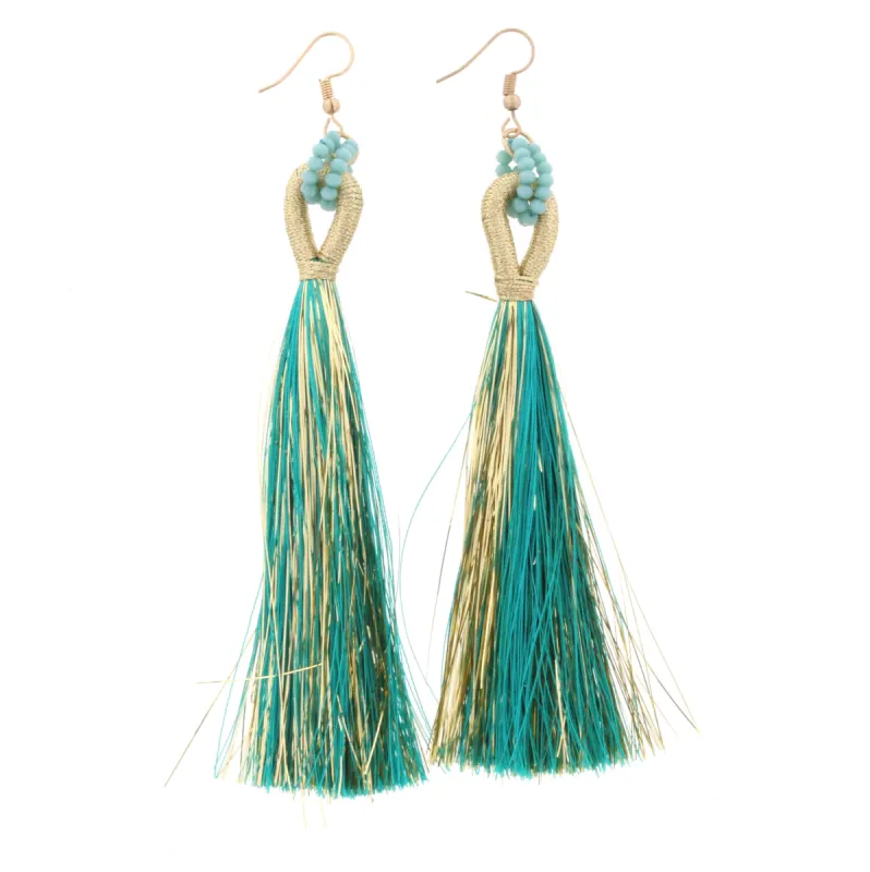 Teal Beaded Threaded Hoop with Teal and Gold Fringe Tassel Earring sold by Charming Charlie