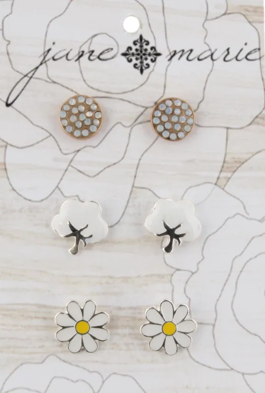Flat Silver Circle Rhinestone, Epoxy Cotton, and Epoxy Flower Stud Earring Set sold by Charming Charlie