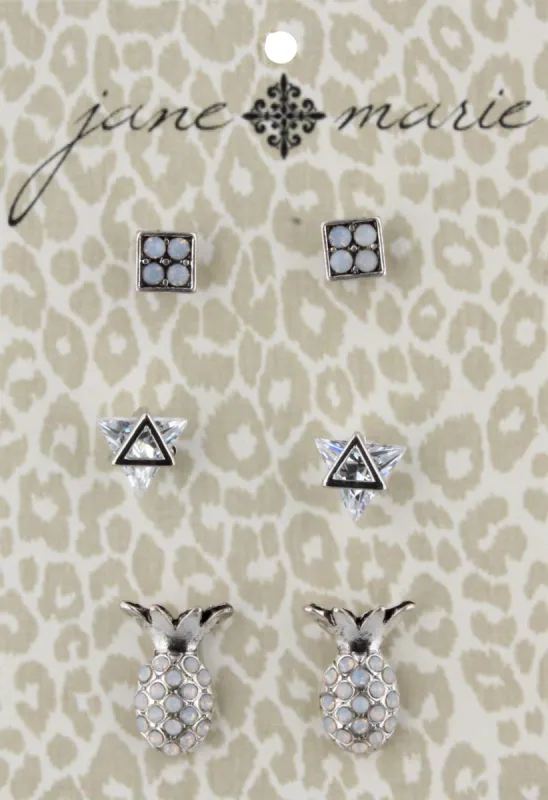 Moonstone Studded Silver Square, Diamond Silver Triangle, and Silver Moonstone Pineapple Stud Earring Set sold by Charming Charlie
