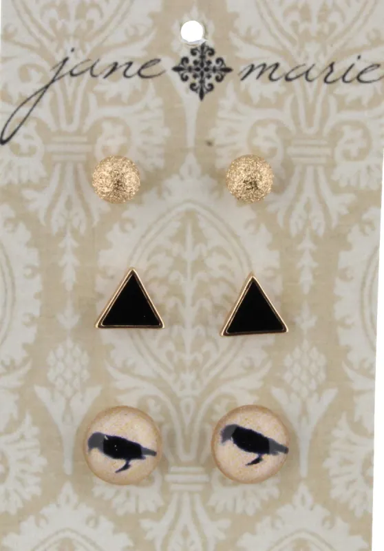 Gold Ball, Jet Epoxy Triangle, and Round Bird Stud Earring Set sold by Charming Charlie