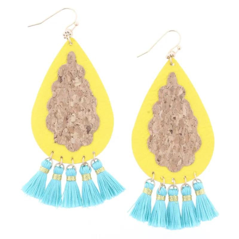 Yellow Leather Teardrop Earring with Cork Center & Turquoise Tassels sold by Charming Charlie