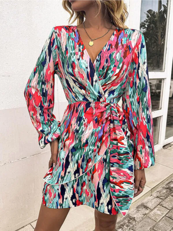Printed Surplice Balloon Sleeve Mini Dress sold by Charming Charlie