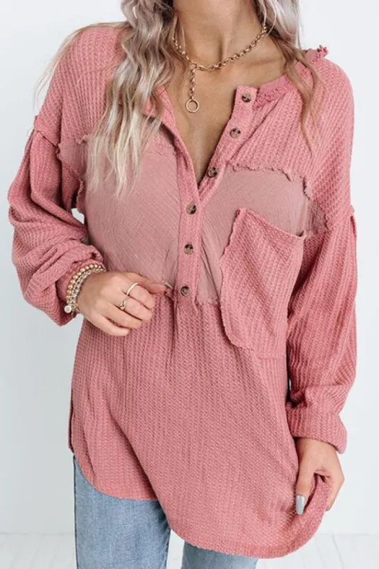 Half Button Raw Hem Long Sleeve Blouse sold by Charming Charlie
