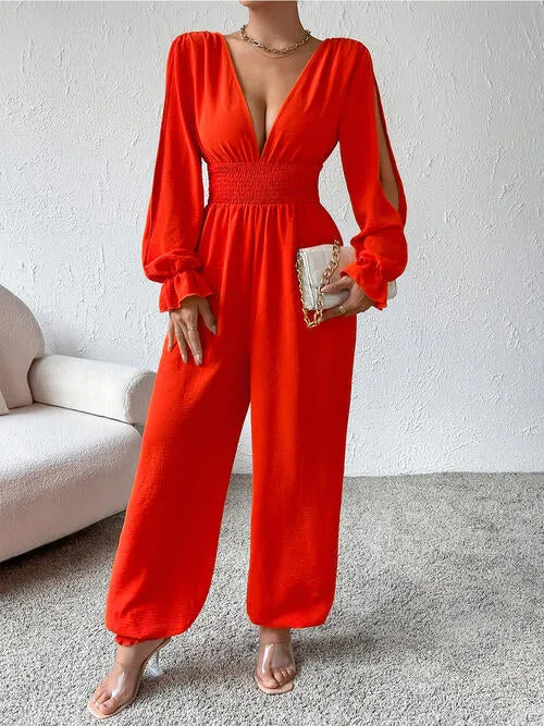 Plunge Smocked Flounce Sleeve Jumpsuit sold by Charming Charlie product image thumbnail 3