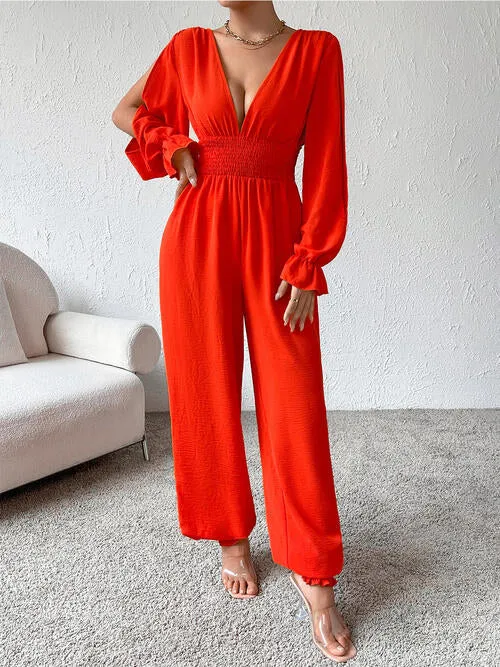 Plunge Smocked Flounce Sleeve Jumpsuit sold by Charming Charlie product image thumbnail 4
