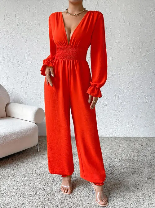 Plunge Smocked Flounce Sleeve Jumpsuit sold by Charming Charlie