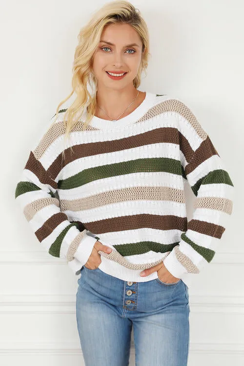 Striped Openwork Dropped Shoulder Sweater sold by Charming Charlie
