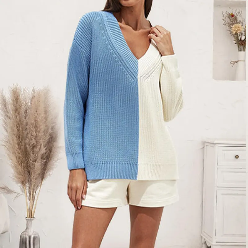 Contrast V-Neck Drop Shoulder Slit Sweater sold by Charming Charlie