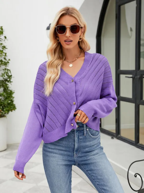 Eyelet Button Front Long Sleeve Cardigan sold by Charming Charlie