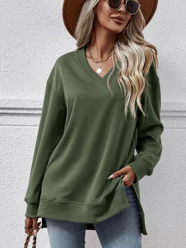 V-Neck Slit Long Sleeve Sweatshirt sold by Charming Charlie