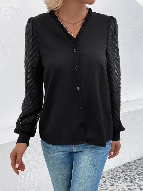 Mesh V-Neck Button Front Blouse sold by Charming Charlie product image thumbnail 5