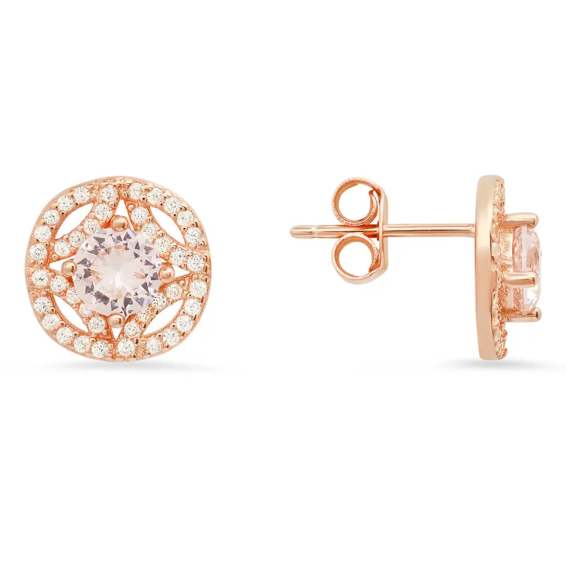 Rose Gold Over Silver Vintage Halo Morganite CZ Stud Earrings sold by Charming Charlie