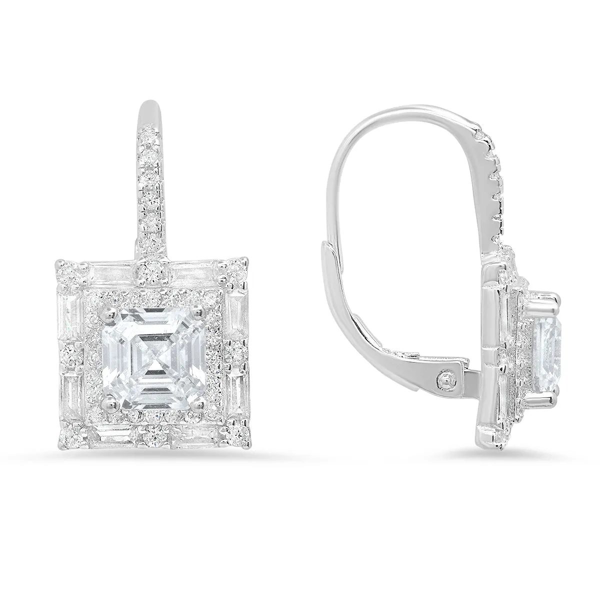 Sterling Silver Asscher-cut Halo CZ Leverback Earrings sold by Charming Charlie