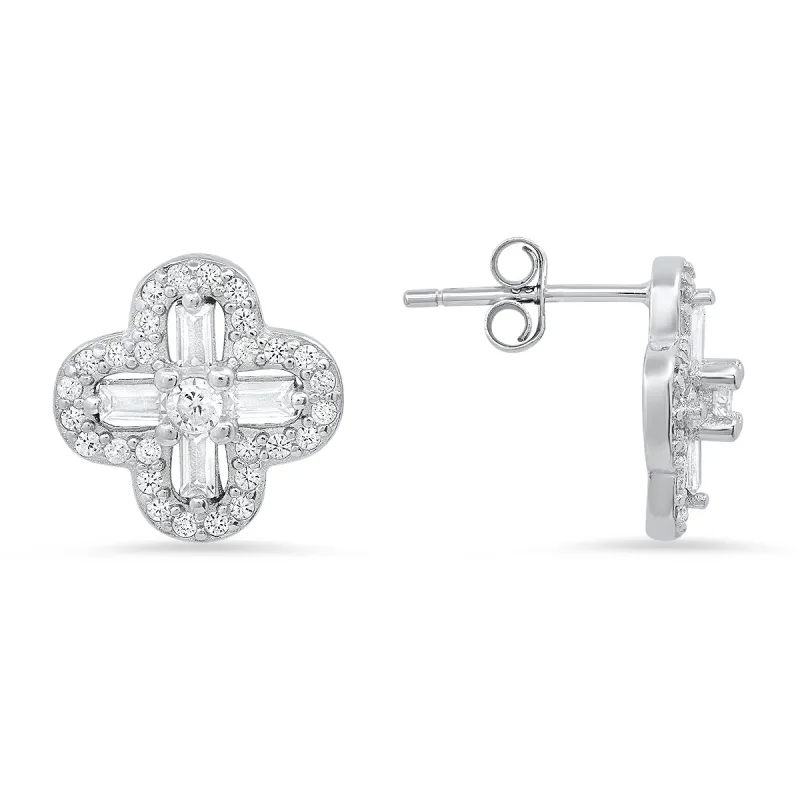 Sterling Silver Baguette-cut Clover CZ Stud Earrings sold by Charming Charlie