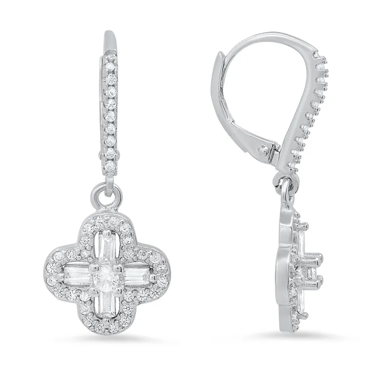 Sterling Silver Baguette-cut Clover Dangle CZ Leverback Earrings sold by Charming Charlie