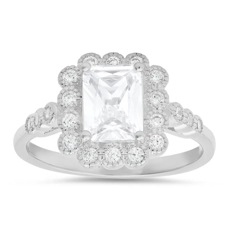Sterling Silver Emerald-cut CZ Halo Floral Ring sold by Charming Charlie