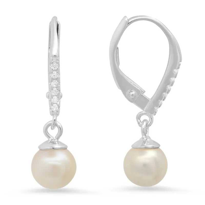 Sterling Silver Genuine Pearl & CZ Dangling Leverback Earrings sold by Charming Charlie