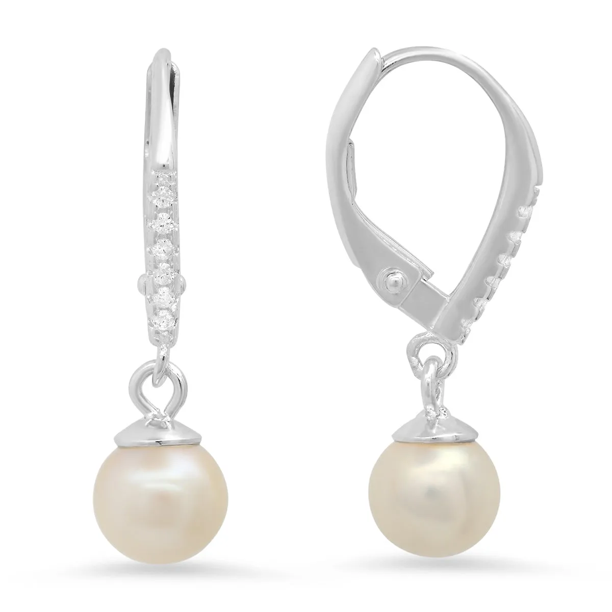 Sterling Silver Genuine Pearl & CZ Dangling Leverback Earrings sold by Charming Charlie