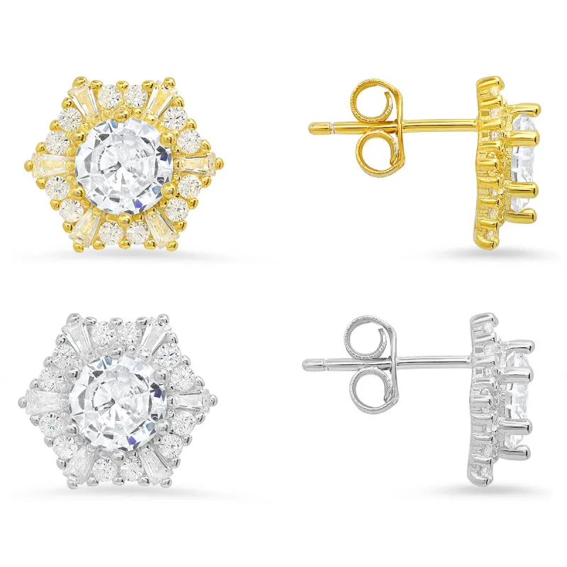 Sterling Silver Hexagon CZ Halo Stud Earrings sold by Charming Charlie